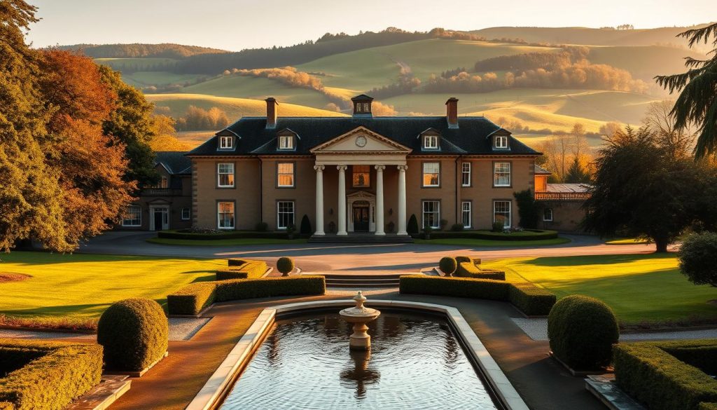 A stately Georgian manor nestled amidst lush, rolling hills, its honey-hued facade bathed in warm, golden light. Tall, arched windows reflect the picturesque countryside beyond, while a sweeping driveway leads up to the grand, columned entrance. Manicured gardens surround the property, with carefully pruned hedges and a serene water feature in the foreground. The scene exudes an air of timeless elegance and affluence, befitting a prominent family estate. Captured through the lens of a wide-angle camera, the image conveys a sense of grandeur and tranquility, inviting the viewer to imagine the history and heritage embodied within this exceptional residential property.