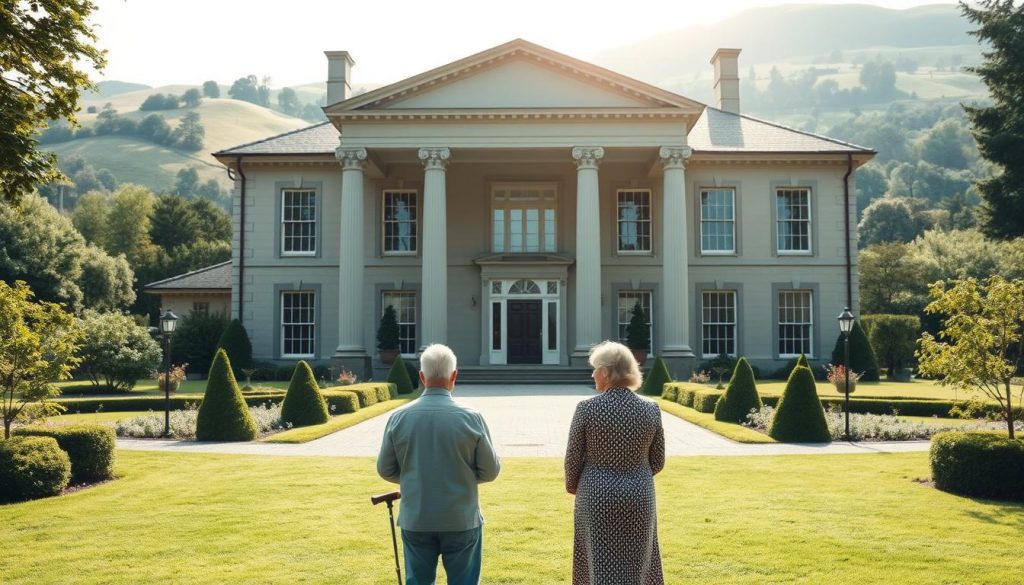 A stately manor house set against a backdrop of lush, rolling hills. The entrance is flanked by towering columns, exuding an air of timeless elegance. Sunlight filters through the large windows, casting a warm glow over the well-manicured gardens. In the foreground, an older couple stands together, deep in contemplation, representing the careful planning and consideration required for effective estate management. The composition emphasizes the importance of secure financial futures and the preservation of family legacies. Soft, muted tones create a sense of tranquility and thoughtfulness, guiding the viewer towards the significance of estate planning.