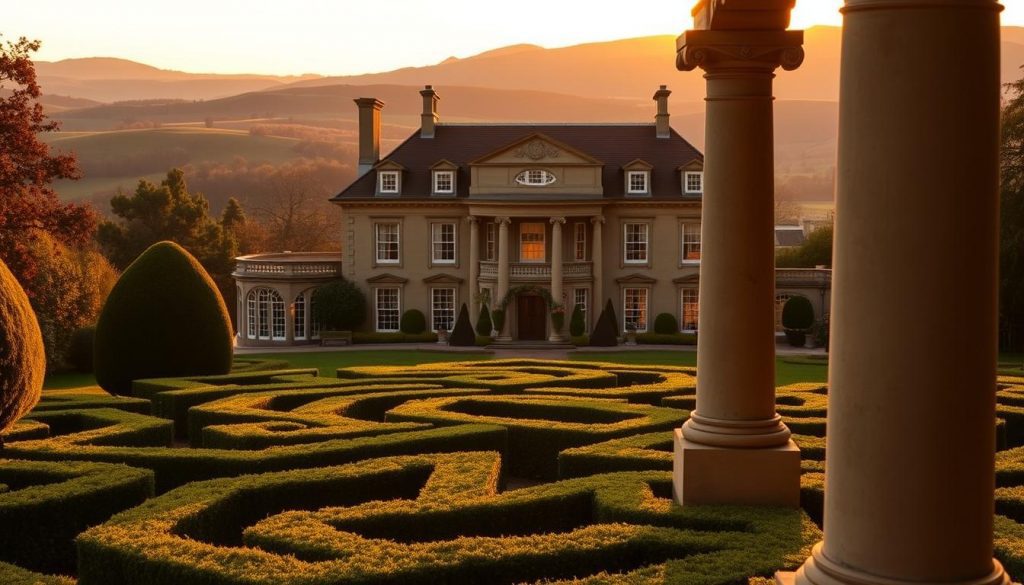 A stately manor house set against a backdrop of rolling hills, bathed in the warm glow of golden hour light. The manicured gardens in the foreground feature a well-tended hedge maze, representing the complexity of estate duty implications. Elegant stone columns frame the grand entrance, hinting at the weighty financial and legal considerations involved. The scene conveys a sense of grandeur and wealth, yet also a need for careful planning and attention to detail when it comes to inheritance. The overall atmosphere is one of contemplation and careful consideration.