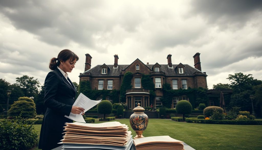 A stately manor house set against a cloudy, overcast sky, with lush, verdant gardens surrounding it. In the foreground, a well-dressed couple in formal attire stand side by side, their expressions serious as they contemplate a stack of legal documents and a family heirloom - a decorative vase or urn. Sunlight filters through the clouds, casting a warm, muted glow on the scene. The mood is one of contemplation and the weight of inheritance and taxation laws. The composition emphasizes the juxtaposition of the grand, historic architecture and the modern legal and financial concerns facing the couple.