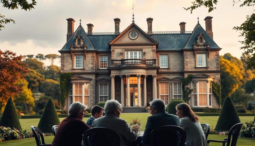 A stately manor house set against a lush, verdant landscape, its grand facade bathed in warm, golden light. In the foreground, a family gathers around a table, deep in discussion, their expressions contemplative as they consider the intricacies of trust-based inheritance tax minimization. Intricate architectural details, such as ornate moldings and tall, arched windows, lend an air of sophistication and legacy to the scene. The lighting is soft and diffused, creating a sense of timelessness and wealth. The overall atmosphere evokes a sense of privilege, tradition, and careful financial planning, reflecting the complexities of preserving one's inheritance through the strategic use of trusts.