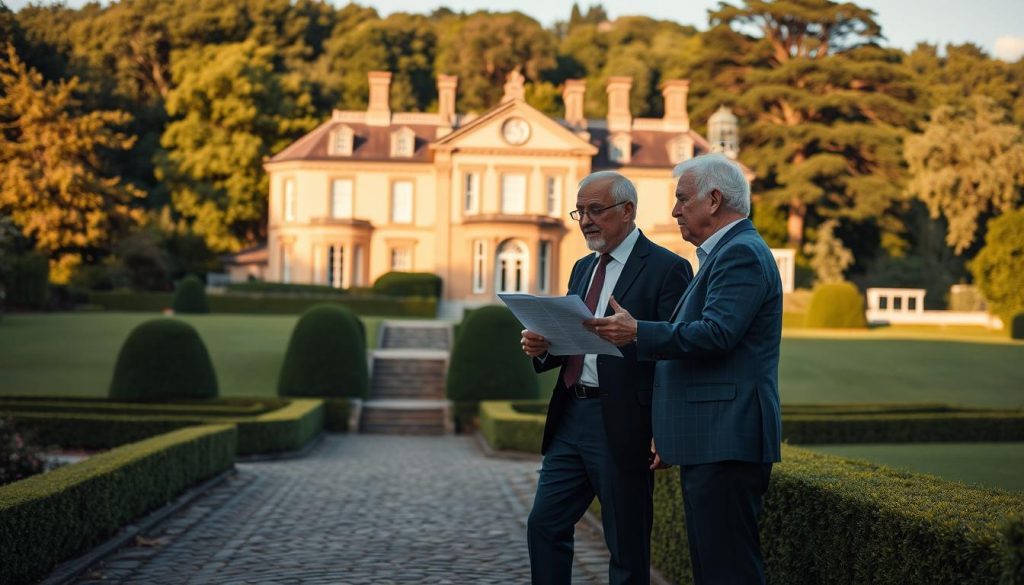 A stately manor house set against a lush, verdant landscape, its grand, ornate facade bathed in warm, golden afternoon light. In the foreground, a well-manicured garden with neatly trimmed hedges and a cobblestone path, leading the eye towards the elegant building. In the middle ground, a pair of elderly individuals, smartly dressed, engaged in a thoughtful discussion, gesturing towards a legal document in their hands. The overall mood is one of sophistication, tranquility, and the careful consideration of important financial matters.
