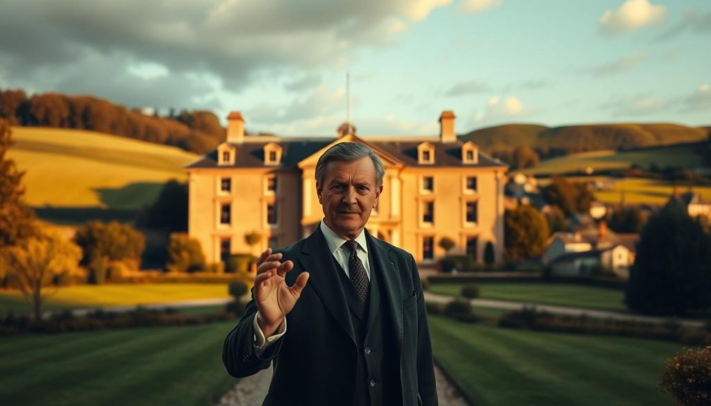A stately manor house with a grand facade, surrounded by lush, rolling hills. In the foreground, a well-dressed individual, likely a government official, stands before the manor, gesturing solemnly as they explain the details of the newly introduced inheritance tax. The scene is illuminated by a warm, golden light, casting a somber yet dignified atmosphere. The background features a quaint village in the distance, hinting at the broader societal impact of this new tax policy. The entire composition is captured with a cinematic, wide-angle lens, emphasizing the weight and significance of this historic moment.