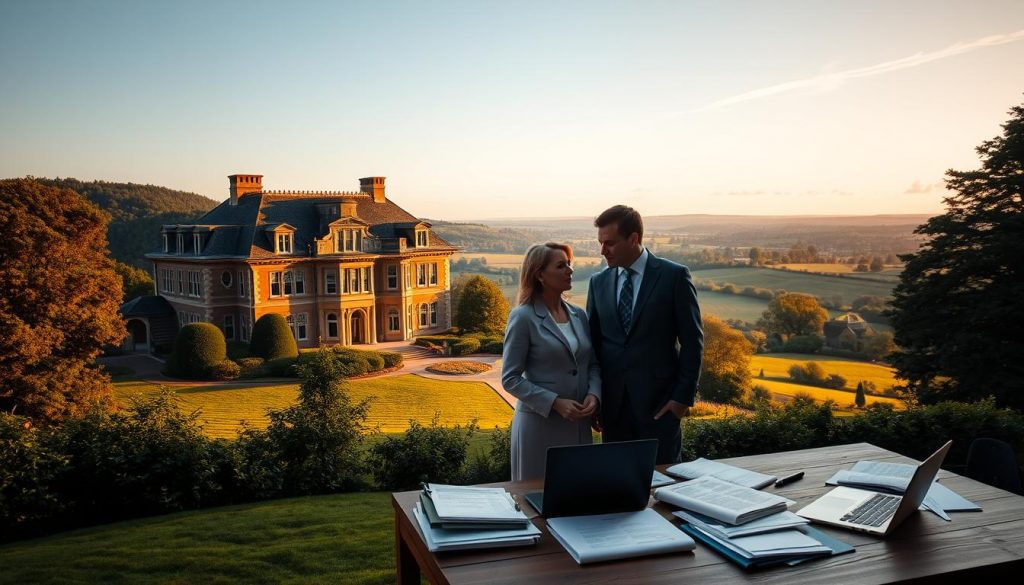 A stately manor nestled amidst lush rolling hills, its grand architecture bathed in warm, golden light. In the foreground, a well-dressed couple stands, engaging in a serious discussion, their expressions conveying the weight of their financial planning. In the middle ground, a table overflows with documents, papers, and a laptop, hinting at the complexities of estate management. The background stretches out, revealing a horizon of tranquil countryside, suggesting the importance of securing one's legacy. The image exudes a sense of diligence, foresight, and the quiet confidence of those who have taken the necessary steps to safeguard their family's future.