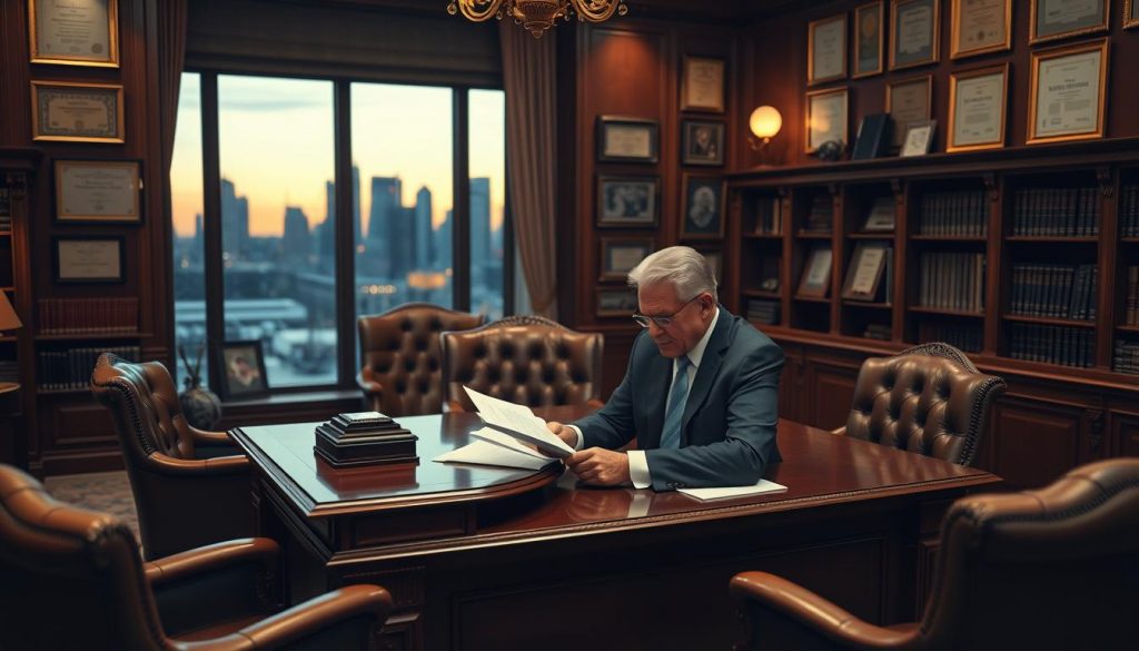 A stately, well-appointed office with a large, ornate wooden desk and plush leather chairs. A wall of bookshelves and framed certificates creates an air of professionalism. Soft, warm lighting casts a contemplative glow, while a window in the background reveals a city skyline at dusk. In the foreground, a middle-aged person in a tailored suit sits at the desk, studying documents and contemplating the implications of life insurance and inheritance tax. The mood is one of thoughtful deliberation, with a sense of the gravity and complexity of the subject matter.
