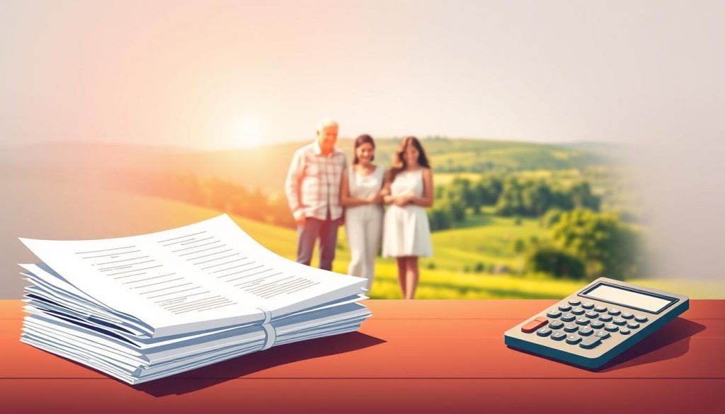 A striking illustration of inheritance tax exemptions, with a crisp, clean aesthetic. In the foreground, a stack of legal documents and a calculator, symbolizing the financial and legal aspects. In the middle ground, a family standing together, their expressions conveying a sense of security and protection. The background depicts a serene, verdant landscape, representing the generational transfer of wealth. Warm, natural lighting casts a reassuring glow, while a shallow depth of field focuses the viewer's attention on the key elements. The overall composition aims to convey the importance of understanding and leveraging inheritance tax exemptions to safeguard one's family's financial future.