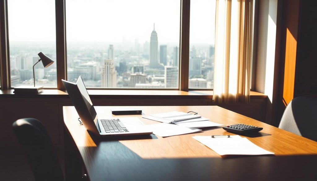 A striking image of the tax implications for annuity holders. Set in a warm, sunlit office, a wooden desk holds a laptop, papers, and a calculator, symbolizing the financial complexities involved. In the background, a large window overlooks a vibrant cityscape, hinting at the broader economic context. The lighting casts subtle shadows, creating depth and a contemplative atmosphere. The color palette is muted, with earthy tones and soft highlights, reflecting the seriousness of the subject matter. Overall, the scene conveys the careful analysis and attention to detail required when navigating the tax implications of annuities.