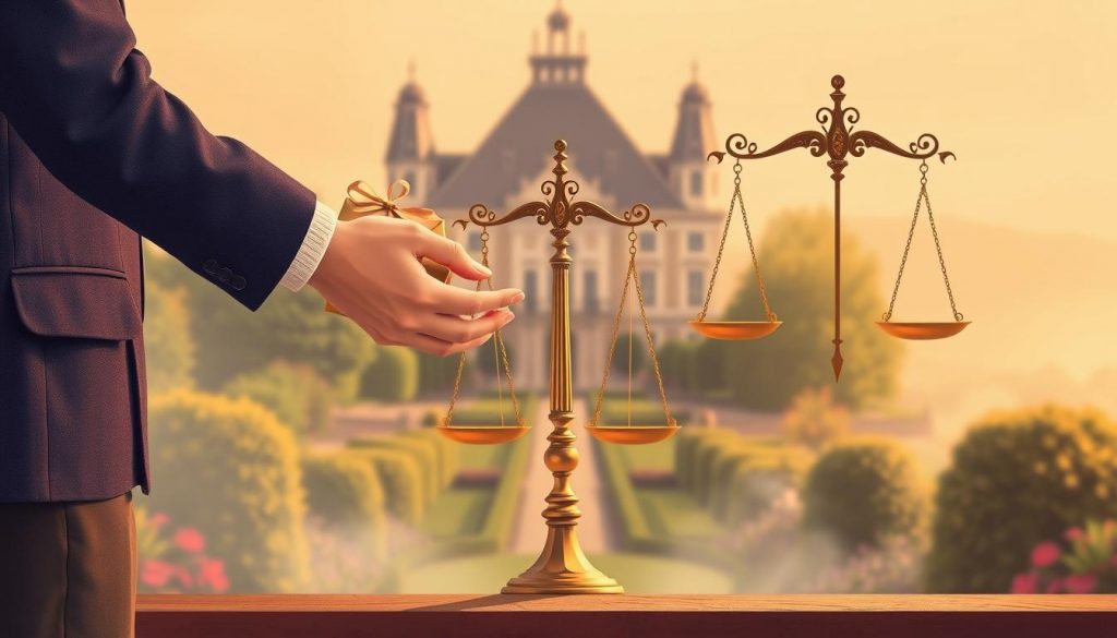 A stylized illustration depicting the impact of lifetime gifts on inheritance tax. In the foreground, a person hands over a gift-wrapped package to a family member, symbolizing the transfer of wealth. In the middle ground, an ornate scale balances the scales of justice, representing the intricacies of inheritance tax. In the background, a stately manor and lush gardens evoke the setting of generational wealth. Warm lighting casts a soft, nostalgic glow, while a subtle haze adds depth and atmosphere. The composition conveys the bittersweet emotions surrounding the passing of wealth between loved ones and the need to navigate complex tax implications.
