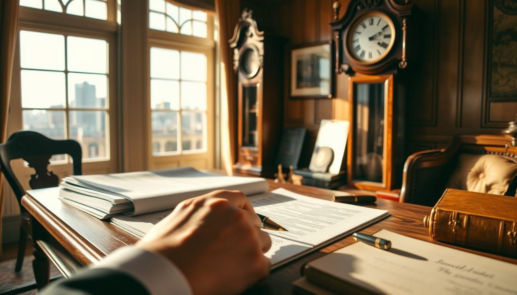 A sun-dappled study, teeming with the artifacts of inheritance tax planning - a sturdy oak desk, a stack of legal documents, a silver fountain pen, and a brass-bound ledger. In the foreground, a trustee's hand hovers over the paperwork, while a stately grandfather clock ticks softly in the background, evoking the passage of time and the importance of prudent estate management. The room is bathed in a warm, amber glow, conveying a sense of diligence and foresight. Through a window, the distant skyline of a prosperous city hints at the wealth and legacy at stake. This image captures the essence of "Trusts: A Tool for Reducing Inheritance Tax" - a thoughtful, disciplined approach to safeguarding one's assets for future generations.