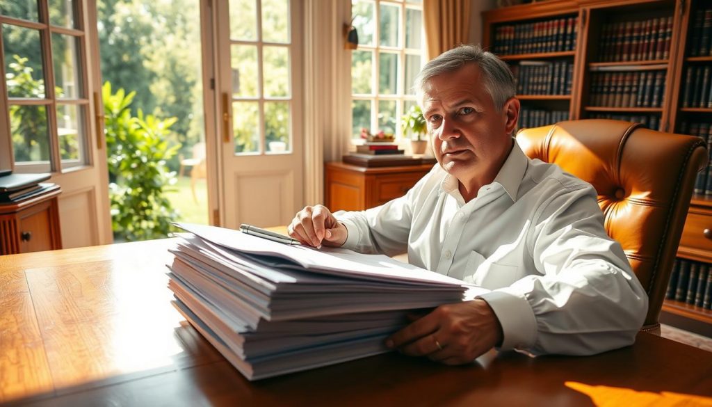 A sun-drenched home office, with a large wooden desk and a plush leather chair. On the desk, a stack of financial documents, a pen, and a thoughtful expression on the face of a middle-aged person. In the background, a bookshelf filled with legal tomes and a window overlooking a lush, verdant garden. The lighting is warm and inviting, creating a sense of calm and contemplation. The scene conveys the gravity and importance of navigating the spouse allowance inheritance tax in the UK, as the subject delves into the details and implications of this complex financial matter.