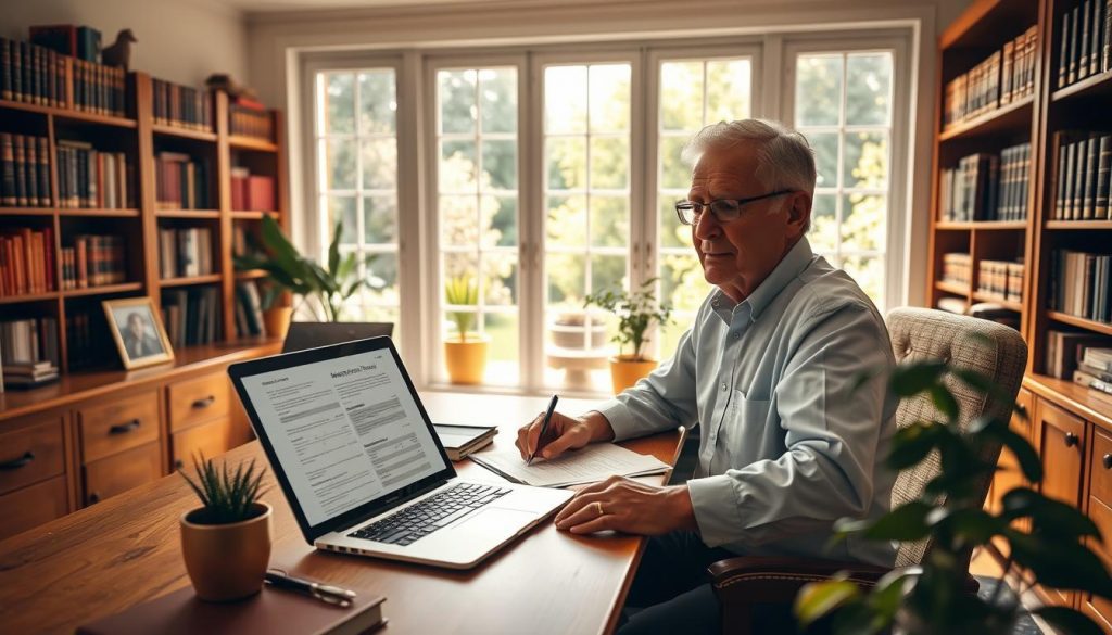 A sunlit home office with a wooden desk, where a mature professional plans their inheritance tax strategy. In the foreground, a laptop displays financial documents, while a family portrait and a potted plant adorn the desktop. In the middle ground, bookshelves line the walls, filled with legal and financial tomes. The background features large windows overlooking a lush garden, casting a warm, golden glow throughout the space. The mood is one of thoughtful contemplation and careful planning for the future.