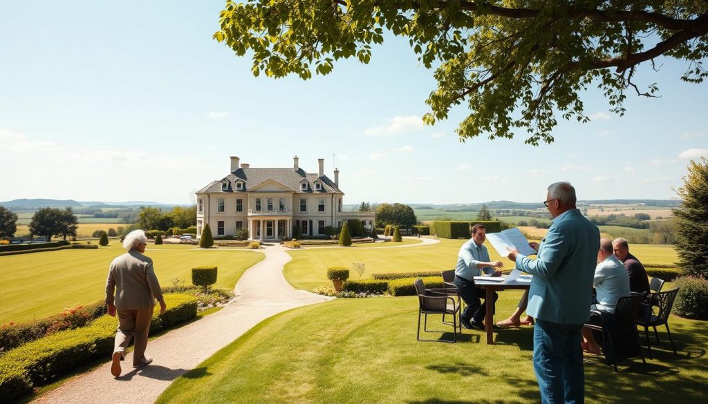 A sunny and tranquil estate, with a sprawling manor house in the center. In the foreground, an elderly couple strolls along a manicured garden path, deep in conversation. Behind them, a financial advisor gestures towards stacks of paperwork, guiding them through the intricacies of inheritance tax planning. The middle ground features a family gathered around a table, reviewing documents and discussing strategies. In the background, a scenic countryside landscape unfolds, with rolling hills and a distant horizon. The scene conveys a sense of careful consideration, financial security, and the preservation of generational wealth.