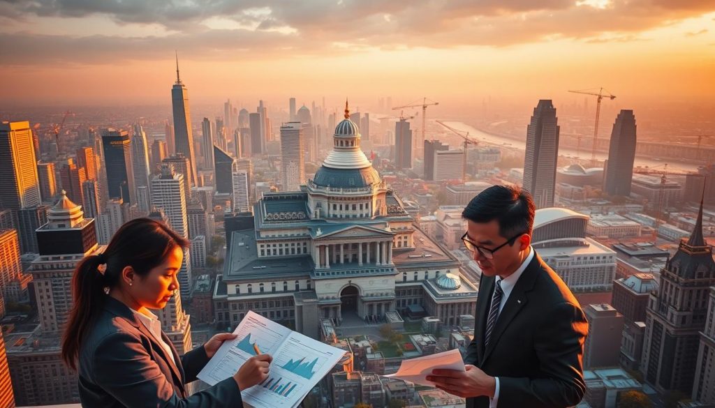 A sweeping cityscape of gleaming skyscrapers, illuminated by the golden glow of sunset. In the foreground, a team of business professionals engrossed in financial documents and charts, their expressions serious yet hopeful. The midground features a large, imposing government building, its facade adorned with classical architectural details. In the background, a sprawling financial district, with cranes and construction sites hinting at ongoing reforms and development. Soft, diffused lighting casts long shadows, creating a sense of depth and drama. The overall atmosphere conveys a mood of progress, change, and the careful navigation of complex financial landscapes.