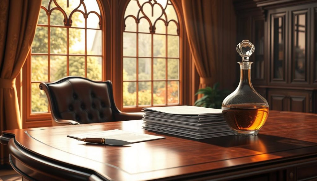 A thoughtful illustration of inheritance tax concepts. An elegant 3D scene with a polished wood table, leather armchair, and a large, ornate window overlooking a lush garden. Soft natural lighting filters through the window, casting warm, diffused shadows. On the table, a stack of documents, a quill pen, and a crystal decanter filled with amber-colored liquid. The atmosphere conveys a sense of quiet contemplation and financial expertise. The scene aims to visually communicate the complexities and nuances of inheritance tax, without relying on text-based explanations.
