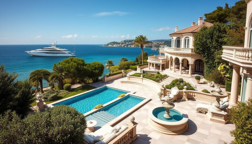 A tranquil seaside villa nestled in a picturesque coastal town, its lush gardens and sun-dappled terraces offering a peaceful haven from the burdens of inheritance tax. Elegant marble fountains and ornate balconies hint at the property's sophisticated architecture, while a sleek luxury yacht anchored in the azure waters suggests the owners' global mobility. The scene exudes an air of effortless wealth and freedom, inviting the viewer to imagine a life beyond the reach of onerous fiscal obligations.