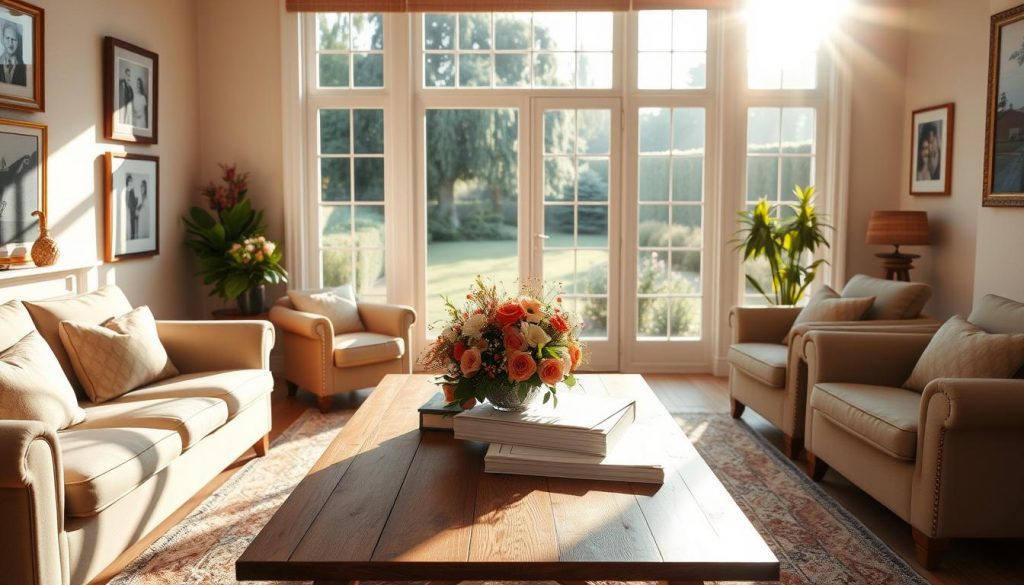 A tranquil, sun-drenched living room with a large window overlooking a lush garden. In the center, a wooden table adorned with a bouquet of fresh flowers and a stack of legal documents, representing the nil-rate band inheritance tax exemption. The room is bathed in warm, golden light, creating a serene and contemplative atmosphere. On the walls, framed family portraits and artwork add a personal touch, while plush armchairs and a cozy rug invite the viewer to sit and ponder the financial planning implications of this important tax provision.