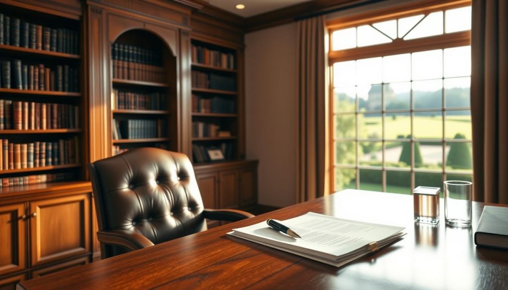 A tranquil, well-lit office setting with a large wooden desk, a comfortable leather chair, and bookshelves lining the walls. On the desk, a stack of legal documents, a pen, and a glass of water. In the background, a window offering a picturesque view of a lush, green estate. The lighting is soft and warm, creating a sense of professionalism and thoughtfulness. The overall atmosphere conveys the expertise and care required for effective estate planning strategies.