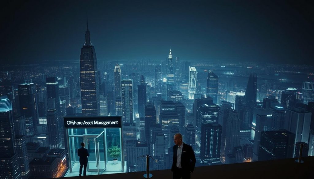 A vast, sprawling cityscape at night, with towering skyscrapers casting long shadows across the urban landscape. In the foreground, a sleek, modern office building with a discreet sign reading "Offshore Asset Management". Elegant, well-dressed individuals enter and exit the building, their faces obscured by the night's darkness. The atmosphere is one of wealth, secrecy, and the intricate web of international finance. Soft, ambient lighting illuminates the scene, creating a moody, contemplative ambiance. The image conveys the complexity and discretion of navigating the world of offshore asset taxation and strategies to minimize inheritance tax.