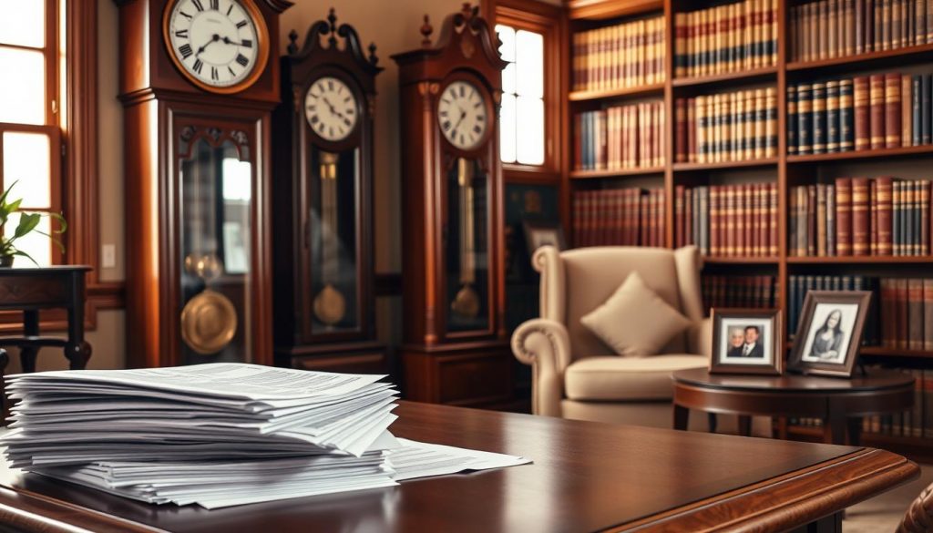 A warm, cozy living room with a large, ornate grandfather clock as the focal point. The clock's intricate details and polished wood casing are illuminated by soft, natural lighting filtering in through a nearby window. In the foreground, a stack of legal documents and financial statements are neatly arranged on a sturdy, wooden desk, hinting at the topic of inheritance and estate planning. The middle ground features a comfortable armchair and a side table with framed family photos, creating a sense of personal connection. The background showcases bookshelves filled with volumes on law, finance, and personal wealth management, establishing an atmosphere of expertise and knowledge.