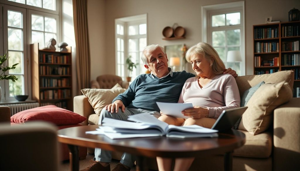 A warm, inviting living room setting with a middle-aged couple sitting on a couch, deep in discussion. Soft natural lighting filters through large windows, casting a gentle glow. Bookcases line the walls, hinting at the couple's intellectual interests. On the coffee table, financial documents and a tablet suggest they are reviewing inheritance tax planning strategies. The couple's expressions convey a sense of thoughtfulness and concern, reflecting the importance of the topic. The overall atmosphere is one of domestic comfort and quiet contemplation.