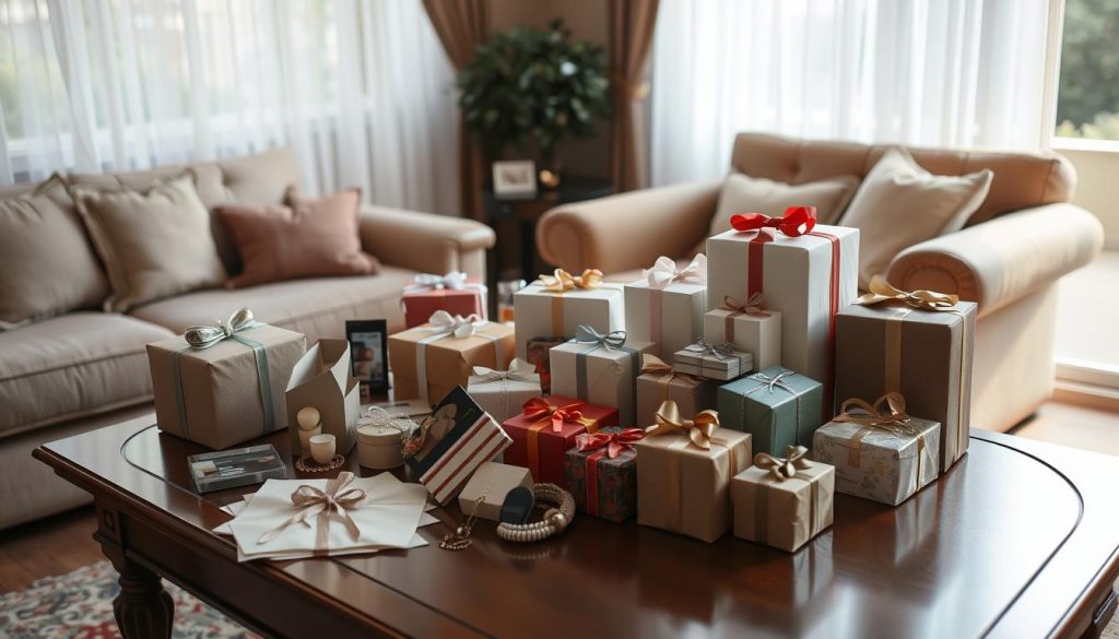 A warm, inviting living room setting with a tasteful display of various gifts arranged on a polished wooden table. Soft natural lighting filters through sheer curtains, casting a gentle glow on the assortment of carefully wrapped packages, trinkets, and personal items. The arrangement suggests a sense of generosity and thoughtfulness, reflecting the concept of "inheritance tax gifts." The overall mood is one of calm, comfort, and the meaningful exchange of cherished possessions.
