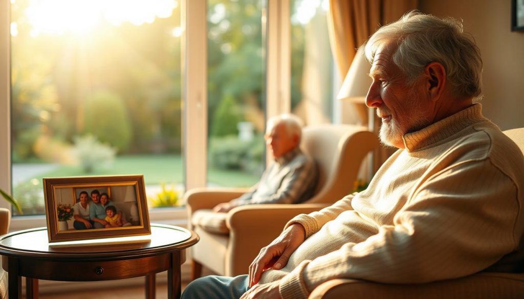 A warm, sunlit scene of a grandparent's home, with a cozy living room in the foreground. On a side table, there is a photo frame displaying a portrait of a young family - a couple and their children. In the middle ground, the grandparent, an elderly and kindly-looking individual, is seated in a comfortable armchair, deep in thought. The background features a large window overlooking a lush, vibrant garden, bathed in the golden glow of the afternoon sun. The overall atmosphere conveys a sense of tranquility, reflecting the tax-free generational wealth transfer to the grandchildren.