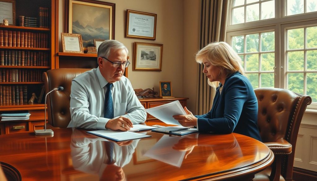A warm-toned oil painting depicting a thoughtful financial advisor providing inheritance tax planning advice to a middle-aged couple sitting across a mahogany desk. The advisor's expression is one of empathy and expertise, guiding the couple through paperwork and documents. The couple's posture conveys a sense of attentiveness and concern. The background features tasteful, traditional office decor - bookshelves, framed certificates, and a large window letting in soft natural light. The overall mood is one of professionalism, care, and the importance of securing one's family's financial future.