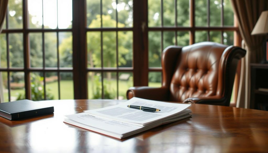A warm, well-lit office setting with a wooden desk and leather armchair. On the desk, a stack of documents and a pen, suggesting inheritance tax planning. In the background, a large window overlooking a lush, green garden, creating a calming, contemplative atmosphere. The lighting is soft and natural, highlighting the details of the desk accessories. The overall mood is one of thoughtful consideration, with the window and garden providing a sense of tranquility and balance.