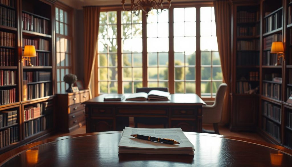 A warmly lit office interior, a mahogany desk surrounded by bookshelves. On the desk, a stack of documents and a pen, signifying the planning process. In the background, a large window overlooking a picturesque garden, suggesting the peaceful, thoughtful nature of the task at hand. The lighting is soft and inviting, creating a contemplative atmosphere. The overall scene conveys the careful consideration and attention to detail required for effective inheritance tax planning.