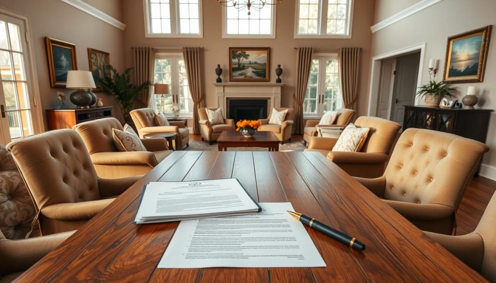 A well-appointed home interior, featuring a spacious living room with large windows that let in warm, natural light. In the center, a beautifully crafted wooden table stands, surrounded by plush, comfortable chairs. On the table, a stack of legal documents and a pen, symbolizing the valuation of the jointly owned property. The walls are adorned with tasteful artwork, and the overall atmosphere conveys a sense of harmony and thoughtful consideration. The scene is captured from a slightly elevated angle, giving a sense of calm and contemplation.