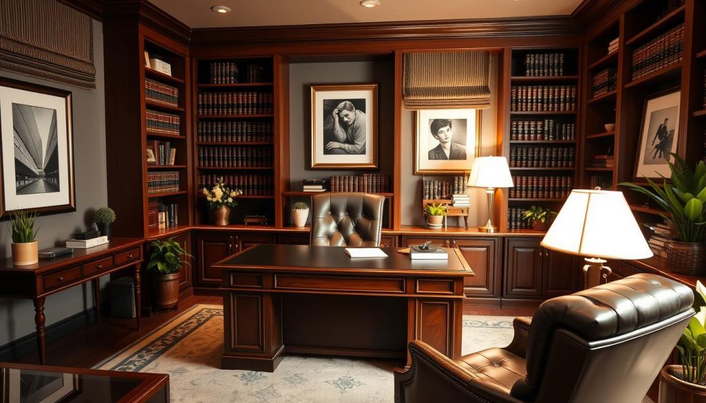 A well-appointed home office with tasteful decor and modern furnishings. A large mahogany desk takes center stage, surrounded by bookshelves filled with legal tomes. Framed artwork and potted plants add pops of color, while a plush leather chair invites contemplation. Soft, warm lighting from a desk lamp casts a tranquil glow, conveying a sense of professional expertise and thoughtful preparation. The room exudes an air of quiet confidence, hinting at the careful estate planning that takes place within its walls.
