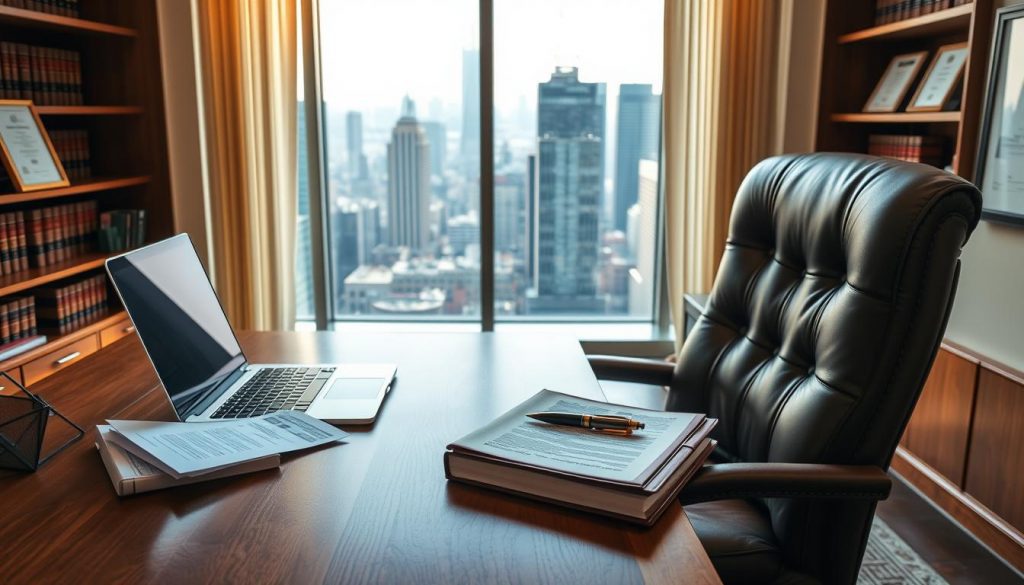 A well-appointed office interior, with a wooden desk and executive chair in the foreground. On the desk, an open laptop, a stack of documents, and a pen resting on a leather-bound notebook. Behind the desk, a large window overlooking a bustling city skyline, bathed in warm, natural light. Shelves along the walls hold legal tomes and framed certificates, conveying a sense of expertise and professionalism. The overall atmosphere is one of thoughtful planning and financial security, befitting the topic of inheritance tax planning for a limited company.