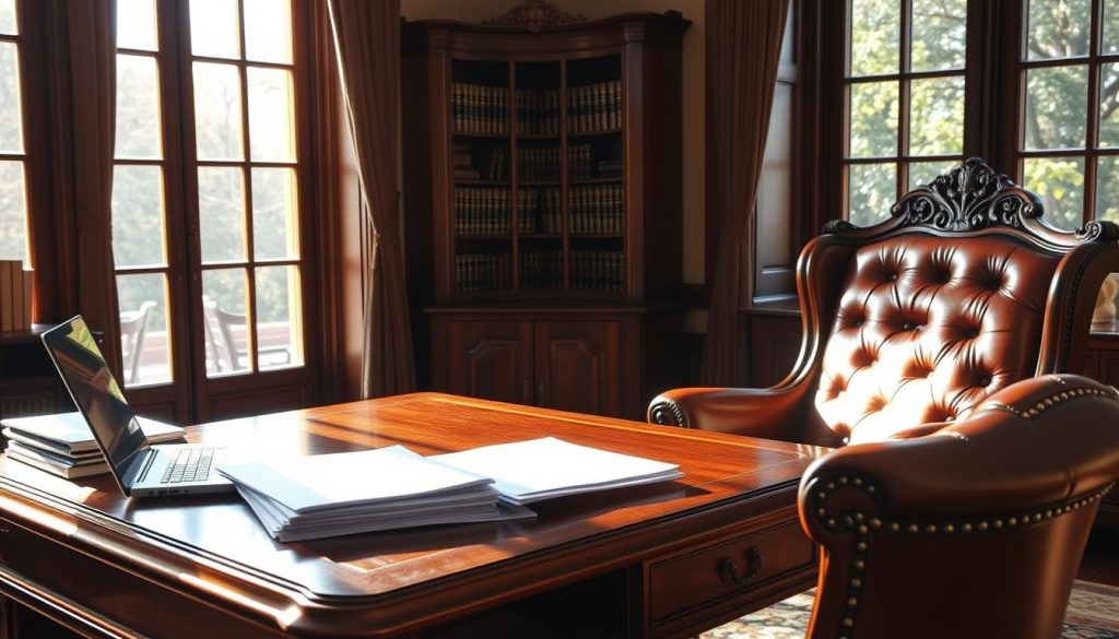 A well-appointed study with an ornate wooden desk and leather armchair. Sunlight streams in through large windows, casting a warm glow. On the desk, a stack of financial documents and a laptop hint at the process of trust fund inheritance tax planning. A bookshelf in the background displays volumes on estate law and wealth management. The overall atmosphere conveys a sense of thoughtful deliberation and careful financial stewardship.