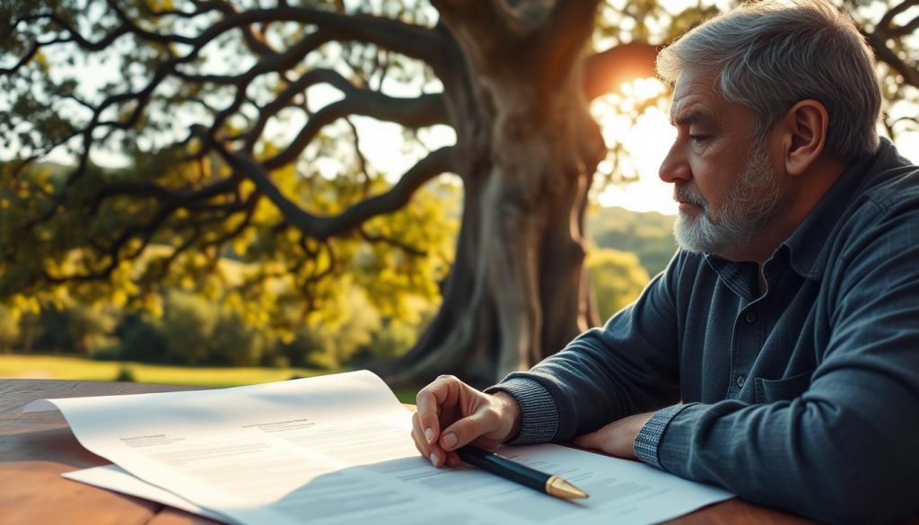A well-crafted estate plan, a sturdy oak tree standing tall, its branches reaching skyward, symbolizing the secure transfer of wealth across generations. In the foreground, carefully arranged financial documents, a pen, and a contemplative gaze, as the family patriarch ponders the future. Soft, warm lighting illuminates the scene, casting a sense of purpose and foresight. The background features a lush, verdant landscape, reflecting the growth and longevity that careful planning can provide. This image conveys the importance of thoughtful inheritance tax planning, ensuring your family's assets are protected and passed down with intention.
