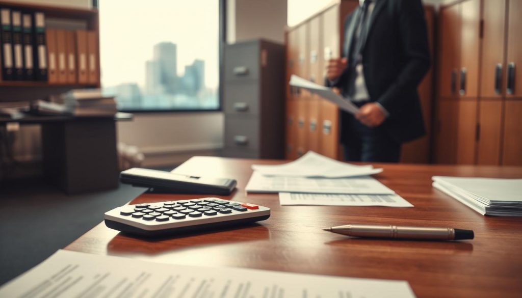 A well-lit administrative office scene, with a wooden desk in the foreground featuring a calculator, tax forms, and a pen. In the middle ground, a person in a suit stands at the desk, reviewing paperwork. The background shows filing cabinets, shelves of binders, and a window overlooking a cityscape. The lighting is warm and professional, creating a sense of diligence and order. The overall mood is one of careful attention to detail, as the Inheritance Tax payment process is meticulously handled.