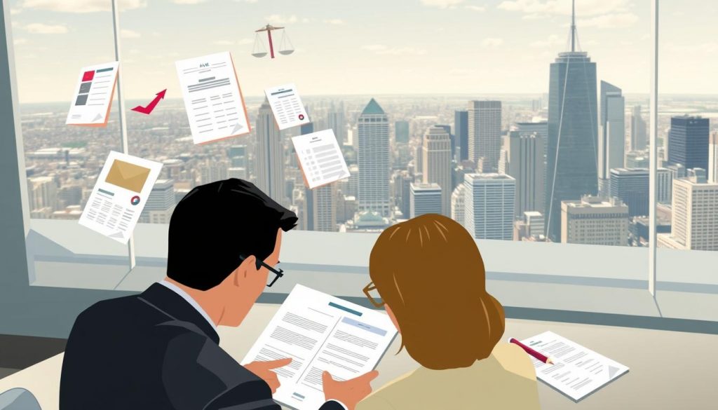 A well-lit, detailed illustration depicting various inheritance tax planning strategies. In the foreground, a financial advisor reviews estate planning documents with a client, their faces slightly obscured. In the middle ground, graphical representations of tax forms, investment portfolios, and legal documents float above a sleek, modern desk. In the background, a panoramic view of a bustling city skyline, suggesting the complex financial landscape. The scene conveys a sense of professionalism, precision, and the importance of comprehensive inheritance tax planning.
