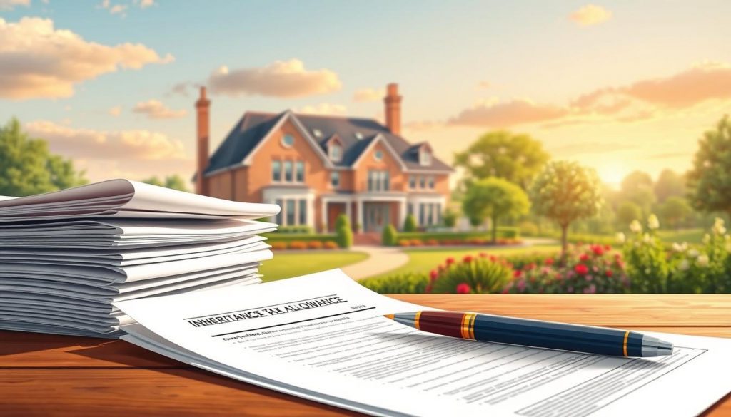 A well-lit, detailed illustration showcasing an inheritance tax allowance concept. In the foreground, a stack of financial documents and a pen resting on a wooden desk. In the middle ground, an elegant family home and lush garden, symbolizing the generational wealth being passed down. The background features a serene, cloudless sky with warm, golden lighting, conveying a sense of security and prosperity. The overall composition evokes the idea of protecting one's family assets through careful estate planning and strategic use of tax exemptions and reliefs.
