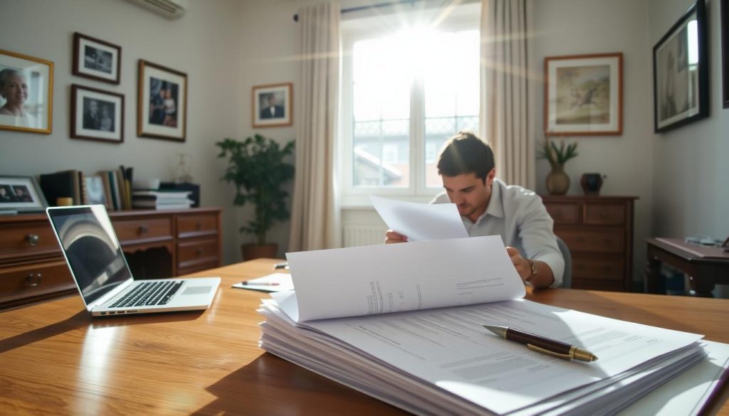 A well-lit home office with a wooden desk, a laptop, and a stack of legal documents. In the foreground, a person sits at the desk, intently reviewing paperwork. Sunlight streams in through a large window, casting a warm glow on the scene. The walls are adorned with framed family photos, hinting at the personal significance of the task at hand. The overall atmosphere conveys a sense of responsibility and diligence as the individual prepares to make an early payment of inheritance tax, a crucial step in the probate process.