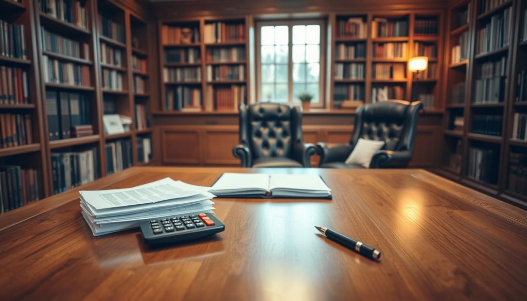 A well-lit, meticulously detailed office interior, with a large wooden desk taking center stage. On the desk, a stack of documents, a calculator, and a pen, all neatly arranged, symbolizing the careful planning and strategy required for inheritance tax minimization. In the background, floor-to-ceiling bookshelves line the walls, conveying a sense of expertise and authority. A comfortable leather armchair sits adjacent to the desk, inviting the viewer to envision a thoughtful, consultative process. Soft, warm lighting creates a professional yet approachable atmosphere, setting the stage for the effective execution of inheritance tax strategies.
