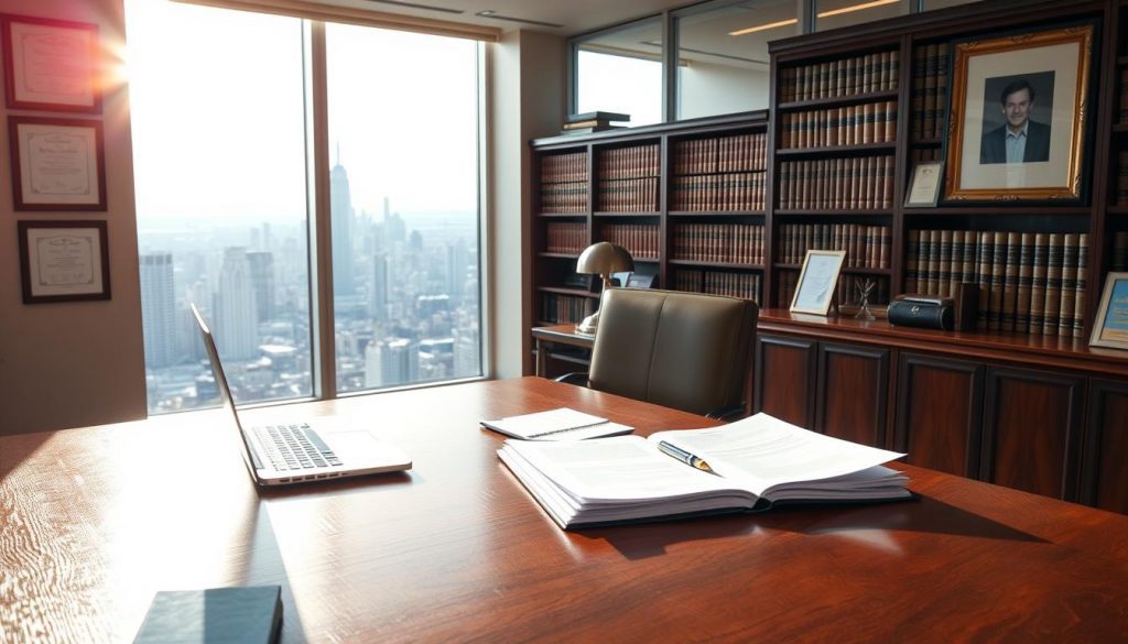 A well-lit office interior, sunlight streaming through large windows. In the foreground, a mahogany desk with an open laptop, a stack of documents, and a pen poised, suggesting strategic financial planning. On the walls, framed certificates and awards, hinting at the expertise of the occupant. In the middle ground, bookshelves filled with leather-bound volumes, a symbol of knowledge and experience. The background features a panoramic view of a bustling city skyline, conveying a sense of success and prosperity. The overall atmosphere is one of professionalism, diligence, and a savvy approach to inheritance tax mitigation.