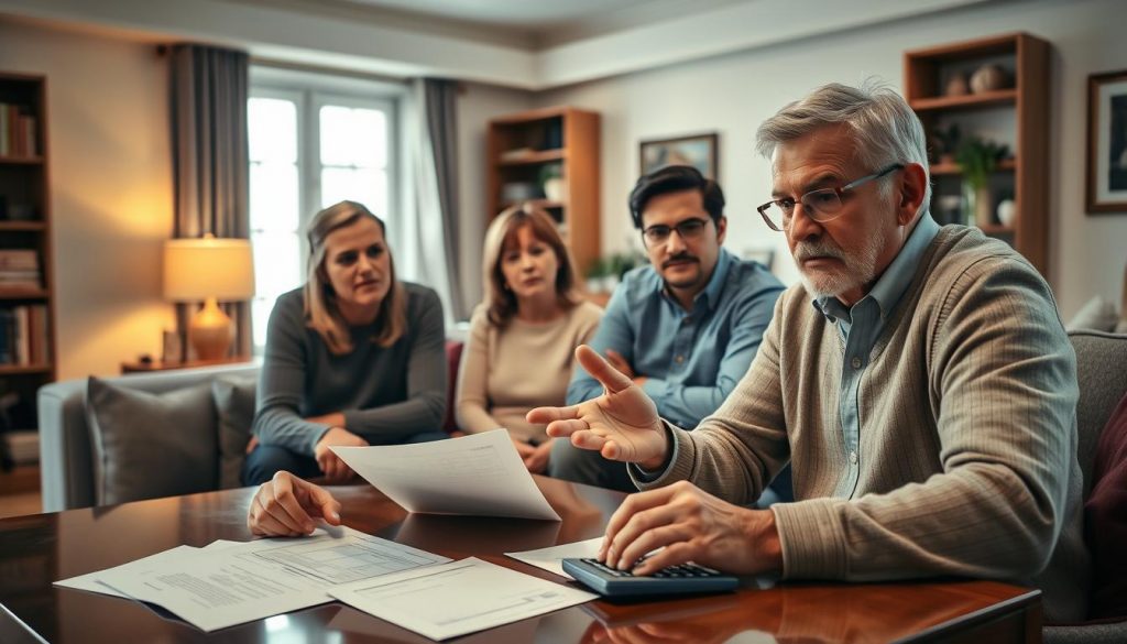 A well-lit, panoramic scene depicting a family gathered around a table, engaged in a serious discussion about inheritance tax planning. The foreground features a mature couple, the husband gesturing animatedly while the wife appears thoughtful, with financial documents and a calculator on the table before them. In the middle ground, their adult children sit attentively, listening intently. The background showcases a tastefully decorated living room, with bookshelves and artwork hinting at the family's affluence. The lighting is warm and inviting, creating a sense of intimacy and importance surrounding the financial planning process. The overall mood is one of concern, but also of collaboration and careful consideration as the family navigates the complexities of inheritance tax.