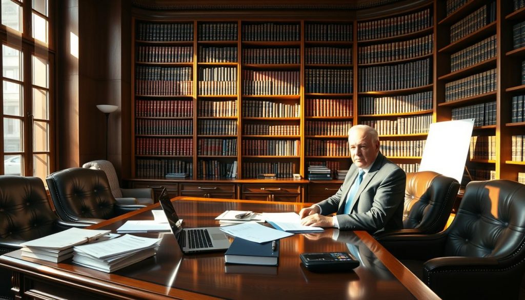 A well-lit professional office interior, with a large wooden desk and plush leather chairs. On the desk, various financial documents, a laptop, and a calculator. Behind the desk, a floor-to-ceiling bookshelf filled with legal and accounting volumes. Sunlight streams through large windows, casting a warm glow over the space. A middle-aged person, dressed in a suit, sits at the desk, appearing focused and attentive, ready to provide informed inheritance tax advice. The atmosphere exudes a sense of expertise, reliability, and attention to detail.