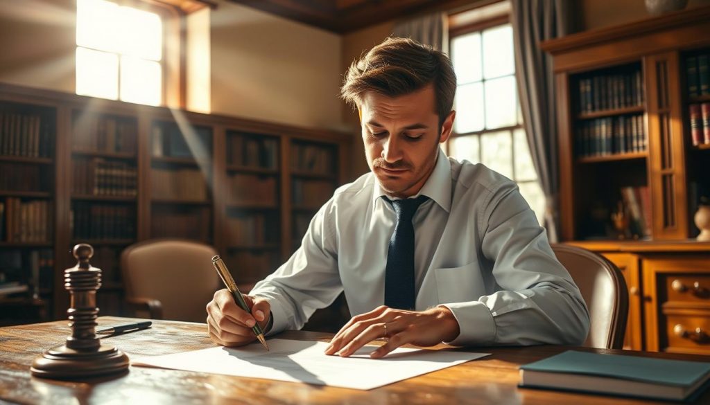 A well-lit, realistic scene depicting a person meticulously drafting a legal document, likely a will or trust, against a backdrop of bookshelves and a large oak desk. The subject's expression conveys deep concentration, underscoring the gravity and importance of the task at hand. Sunlight streams in through a window, casting a warm glow on the scene. The overall atmosphere suggests a professional, yet personalized, approach to non-resident inheritance tax planning.