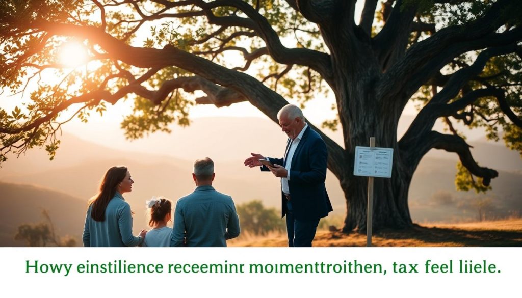A well-lit scene depicting a mature oak tree with gnarled branches, casting a warm glow over a rolling hillside. In the foreground, a family stands together, their expressions contemplative as they consider the estate planning documents in their hands. In the middle ground, a financial advisor gestures towards a tablet displaying investment options and tax strategies. The background is a soft, hazy landscape, suggesting the tranquility and security of long-term wealth preservation. The overall mood is one of thoughtful contemplation, with a sense of confidence in navigating the complexities of inheritance tax relief.