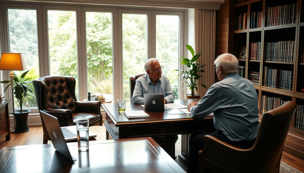 A well-organized office interior with a large mahogany desk, leather armchair, and bookshelves lining the walls. On the desk, a laptop, a stack of documents, and a glass of water set against a backdrop of large windows overlooking a lush, verdant garden. Soft, warm lighting illuminates the scene, creating a contemplative and professional atmosphere. In the foreground, an elderly couple sits across the desk, engaged in a thoughtful discussion with a financial advisor, illustrating the importance of inheritance tax planning.