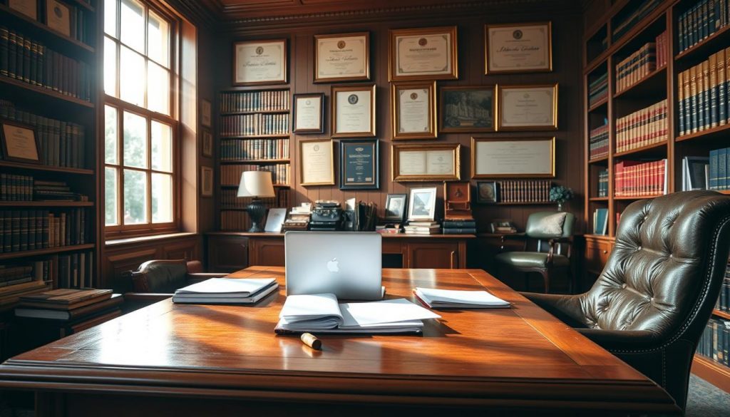 A well-organized office interior, with a sturdy wooden desk and comfortable leather chair in the foreground. Bookshelves line the walls, filled with legal tomes and financial documents. Sunlight streams in through large windows, casting a warm glow over the scene. In the middle ground, a laptop and papers sit neatly arranged, suggesting the ongoing work of inheritance tax planning. The background features framed certificates and awards, conveying the professionalism and expertise of the financial advisor. The overall atmosphere is one of thoughtful, meticulous planning, with a touch of elegance and sophistication.