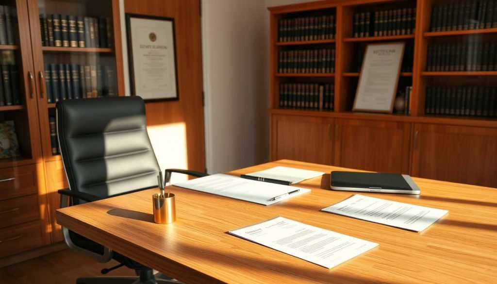 A well-organized office space, with a sleek wooden desk and a modern ergonomic chair. On the desk, neatly arranged legal documents, a pen holder, and a laptop. The room is bathed in warm, natural lighting, creating a serene and professional atmosphere. In the background, a bookshelf filled with legal volumes and a framed certificate, suggesting the importance of estate planning expertise. The overall scene conveys a sense of order, attention to detail, and the tools necessary for effective estate management.