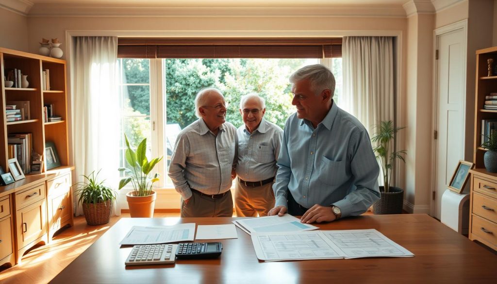 An airy, sun-dappled home office with warm hardwood floors and a large desk. On the desk, financial documents, a calculator, and a family portrait. In the middle ground, two generations of a family - a senior patriarch and a younger successor - engaged in a thoughtful discussion, their expressions contemplative. Through the window, a lush, verdant garden provides a serene backdrop, symbolizing the long-term planning required for a family business inheritance. Soft, directional lighting illuminates the scene, creating an atmosphere of tranquility and thoughtfulness.