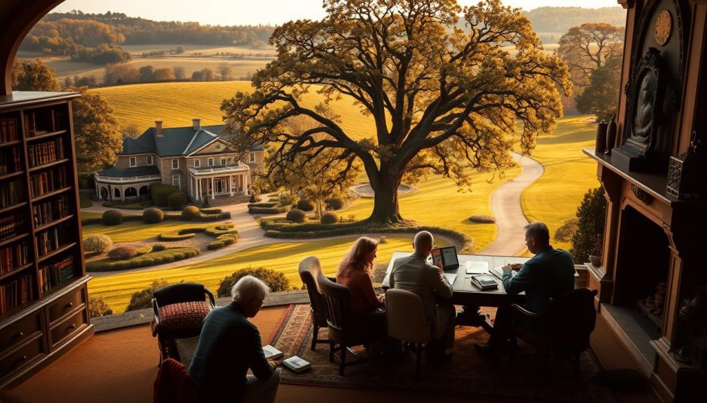 An elegant estate nestled in rolling hills, its stately manor house and manicured gardens bathed in warm, golden light. In the foreground, a family gathers around a wooden table, studying documents and discussing inheritance strategies. Shelves of books and a large, ornate fireplace create a refined, scholarly atmosphere. In the distance, a winding path leads through a grove of ancient oak trees, hinting at the expansive grounds and the wealth that resides here. The mood is one of careful planning, of securing the future for generations to come.