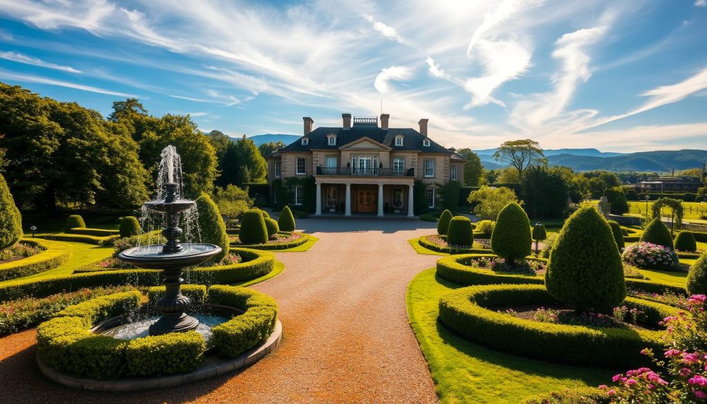 An elegant estate with a sprawling manor house nestled amidst lush, verdant gardens. A stately fountain glistens in the foreground, surrounded by manicured hedges and blooming flower beds. In the middle ground, a winding gravel path leads visitors towards the impressive front entrance, flanked by stately columns and ornate ironwork. The background features a backdrop of rolling hills and a clear, azure sky, bathed in warm, golden sunlight filtering through wispy clouds. The overall atmosphere conveys a sense of timeless grandeur, tranquility, and thoughtful preparation - the perfect setting to contemplate the key considerations of estate planning.